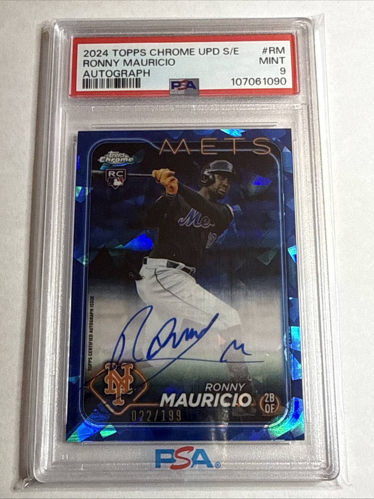 2024 Topps Chrome Sapphire Ref Ronny Mauricio Rookie Auto 22/199 RC SP Mets PSA9