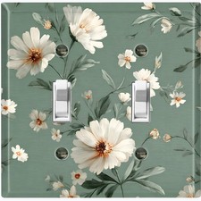 Metal Light Switch Outlet Cover Wall Plate White Green Flower Decor FWR462