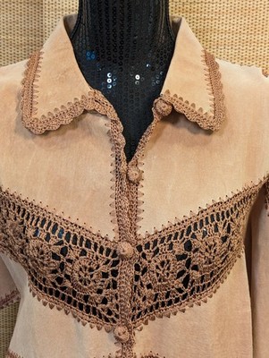 Women's VTG Carducci Tan 100% Suede Jacket Crochet Trim Boho Western Festival XL