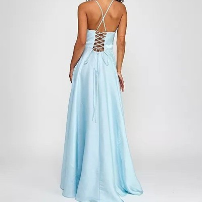 B Darlin Satin Pleated Bodice Surplice Gown Prom Dress Blue Juniors 3/4  **READ | eBay