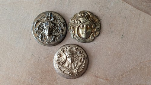 Art Deco Brass Stamped Findings Women's Faces Set Of 3 For Brooch Or Pendant