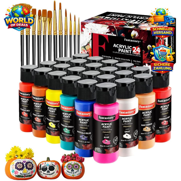 Acrylfarben Set 24X 60Ml Mit 12 Pinseln FüR KüNstler Und AnfäNger-image