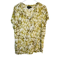 Pendleton Top Women's XL Yellow Green White Linen Geometric Print V Neck Coastal