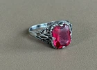 Stamped STERLING Vintage Antique SILVER Filigree Pink Stone Art Deco 004