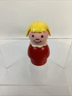 Vtg Fisher-Price Little People Play Family Wood Body Red Girl Blonde Bob Bangs