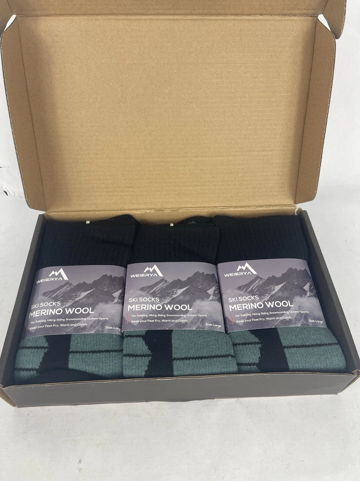 Weierya Merino Wool Socks 3 Pack Size Large US 7-9.5 Box Hiking Skiing Walking