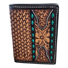 Twisted X XH829T Tooled Leather Trifold Wallet Green Buck Stitch Basket Floral