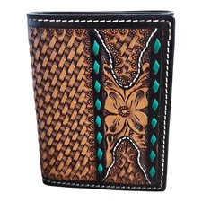 Twisted X XH829T Tooled Leather Trifold Wallet Green Buck Stitch Basket Floral