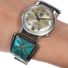 Alice Leekya Homer Zuni Sterling silver turquoise fishscale inlay Accutron watch