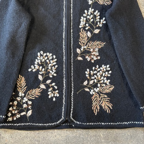 Coldwater Creek Cardigan Sweater Womens M Black Boiled Wool Embroidered Cottage - Picture 3 of 9