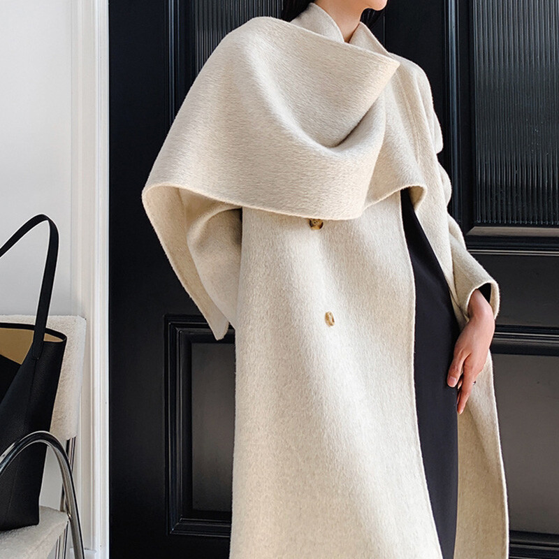 Women Long Wool Coat Shawl Collar Trench Coat Soft Warm Winter