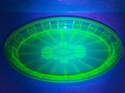 Jeanette Doric Green Depression Uranium Glass 12" Oval Platter Vtg 1930s Glows