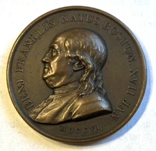 Benj. Franklin Natus Boston MDCCVI - Bronze Medal. Paris Mint Restrike Betts-619