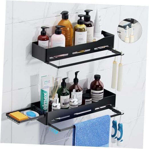 2-Pack No-Drill Adhesive Shower Caddy with Soap Holder & 2 Hooks