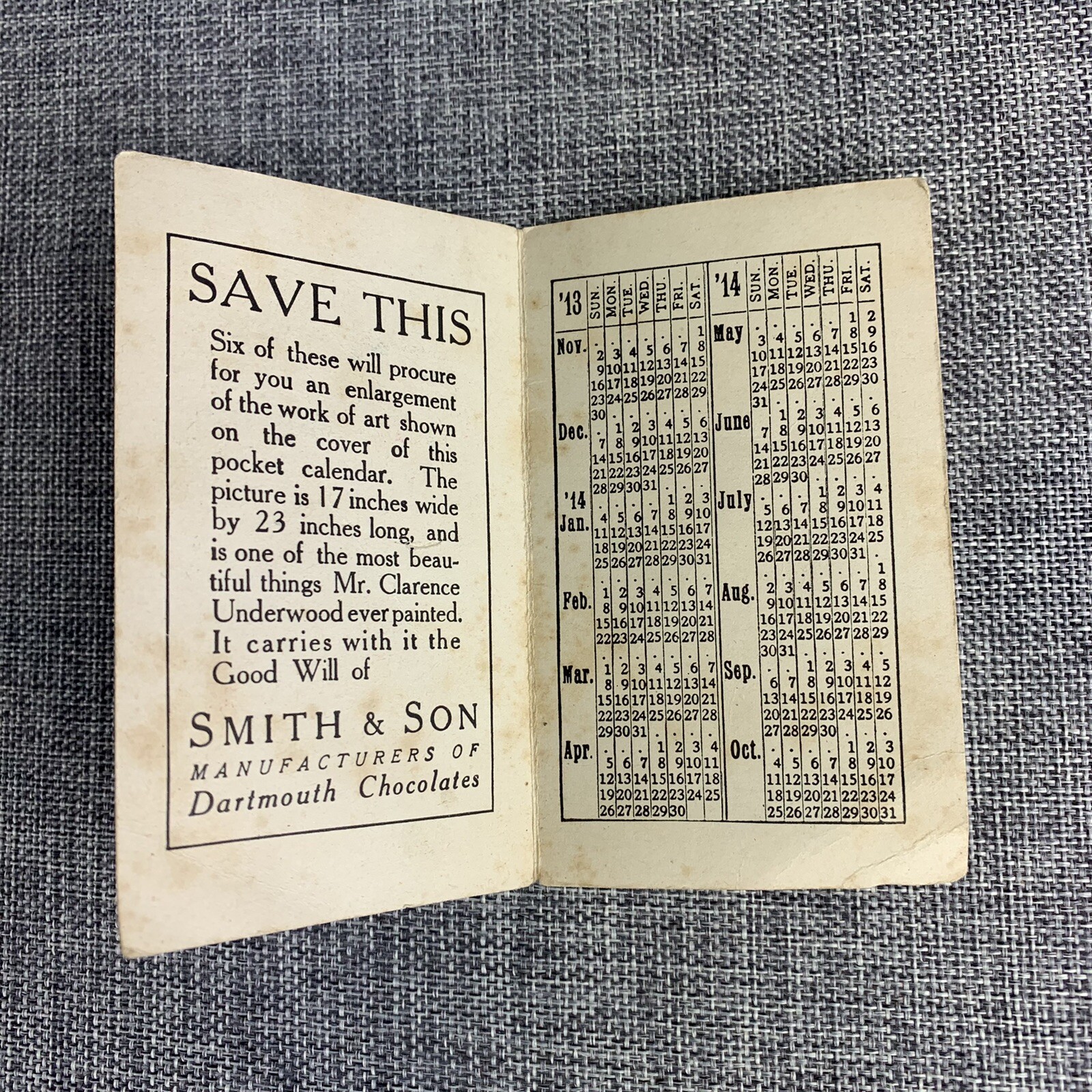 Small Pocket Size Dartmouth Chocolates Advertising Calendar 1913/1914