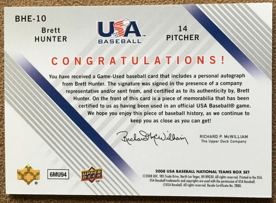 Brett Hunter 2008 USA Baseball National Team Autograph Jersey Black #BHE-10 /195 - Image 3 of 3