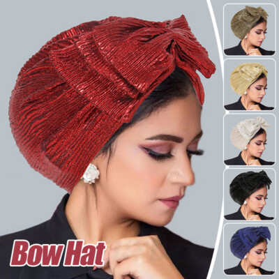 Bow Women's Solid Color Muslim Cap Ladies Soft Elastic Head Wrap Hat  Fashion