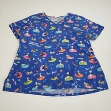 Dr. Seuss Paw-fect "Which Pet Should I Get" Women's Blue Scrub Top Shirt Size L