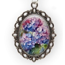 Hydrangea Blooms Flowers Glass Top Oval Pendant Necklace Floral Photo Jewelry