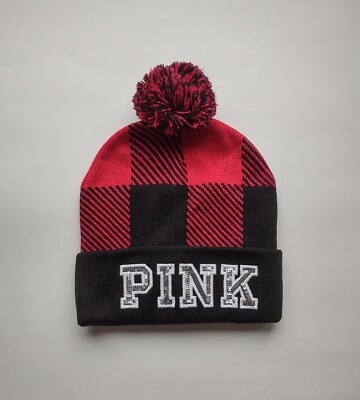 NWT Victoria\'s Secret  Pink & Red Pom Pom Beanie and Red Plaid Scarf Set Buffalo Plaid Winter Wear Set VS PINK Knit Pom Pom Beanie  main image 4