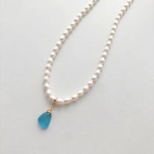 Handmade Sea Glass Pendant Natural Pearl Necklace, Beach Glass Jewelry