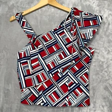 Carven Top Womens US 6 French 38 Red White Blue Geometric Ruffle Tied Shoulder
