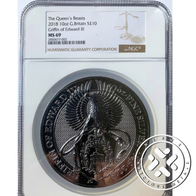 2018 10 OZ SILVER COIN NGC MS 69 GREAT BRITAIN QUEEN'S BEASTS