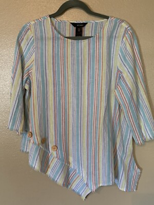 Ali Miles Striped Linen Blend Asymmetrical Hem Top Size PL