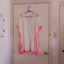 Miken White Sheer Tasseled Dolman Sleeve Swim Coverup Womens Sz Medium Boho New