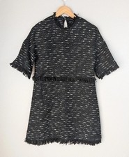 Zara Women's Dress Sz XS Black Twill Fringe Hem Round Neck Classic A Line Mb