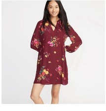 OLD NAVY Floral-Print Georgette Swing Dress Long Sleeve V-Neck Red Large