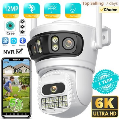BESDER 6K 12MP Triple Lens WiFi IP Camera Outdoor Waterproof Security CCTV