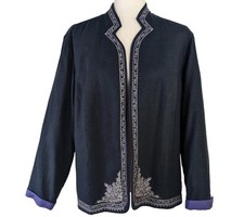 Coldwater Creek W18 Embroidered Blue Linen Rayon Open Front Lined Jacket