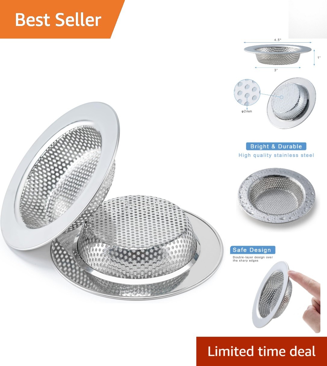2 Pcs Stainless Steel Double-Layer Sink Strainer - 4.5 Inch for Safe Drainage