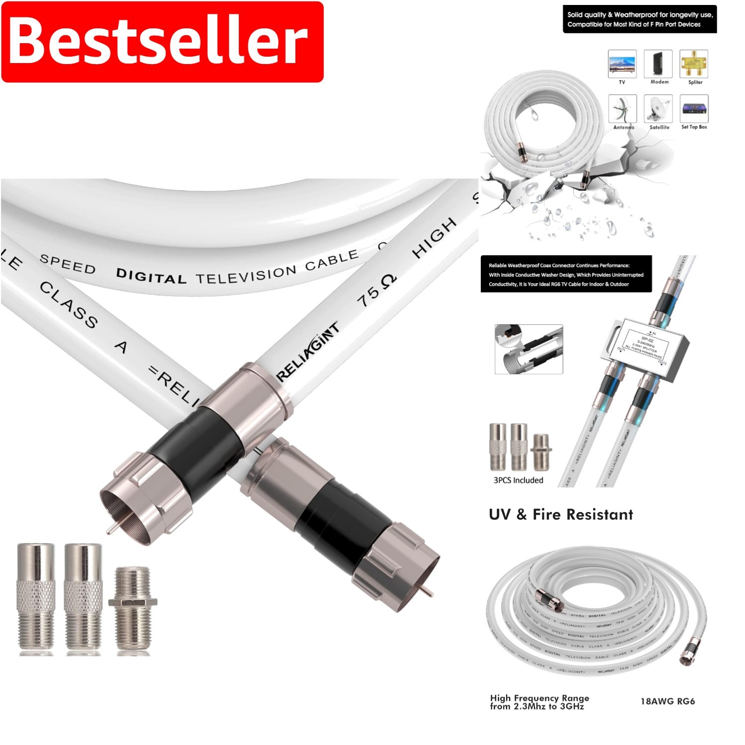 20ft Coaxial Cable Kit with F81 Adapter and Essential Installation Tools