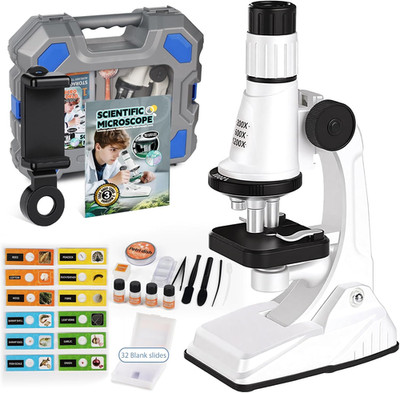 61 Piece Kids Microscope Kit, 100X-1200X Magnification with LED Light | Durable