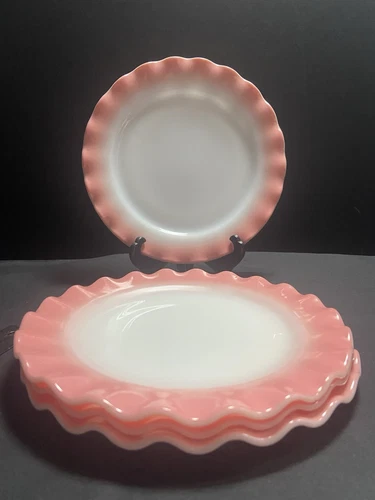 Set of 4 Vintage Hazel Atlas Crinoline Ripple Pink Dinner Plates 9" Ruffled