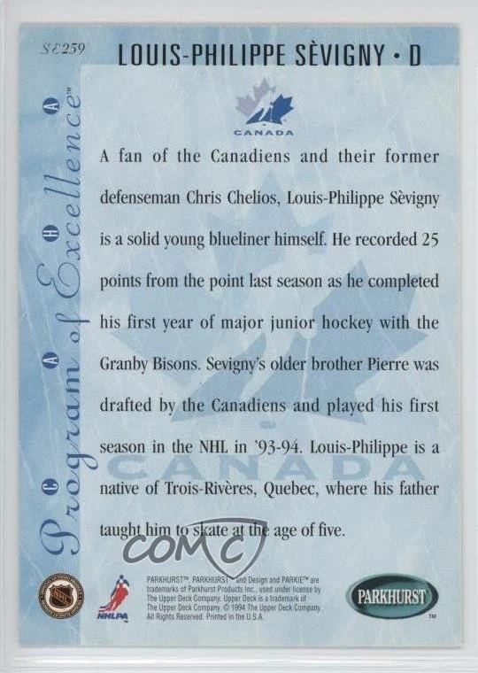 1994-95 Parkhurst SE Gold Parkie Louis-Philippe Sevigny #SE259 Rookie RC - Image 2 of 2