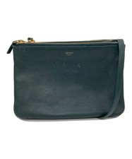 CELINE Trio Large Shoulder Bag Crossbody Leather Dark Green Women's Auth