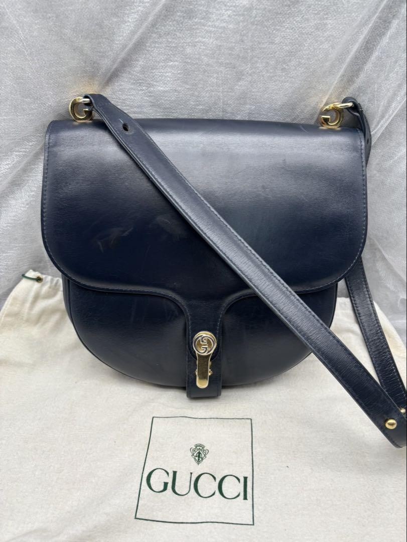 GUCCI Vintage GG Leather Shoulder Bag in Dark Navy Authentic F080139