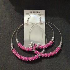 Pastel Collection Silver Tone Pink Beaded Hoop Dangle Statement Earrings