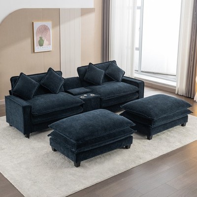 111'' Sectional Sofa Chenille Upholstered Sofa with Two Removable Ottoman, Two