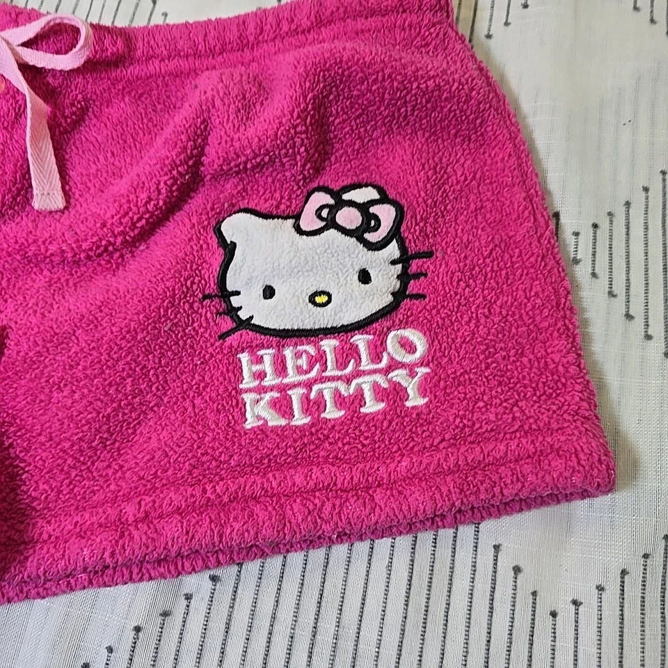 RARO Hello Kitty Sanrio Rosa Vellón Difuso Dormir Pantalones Cortos Grandes 2011 Foto 3 de 4