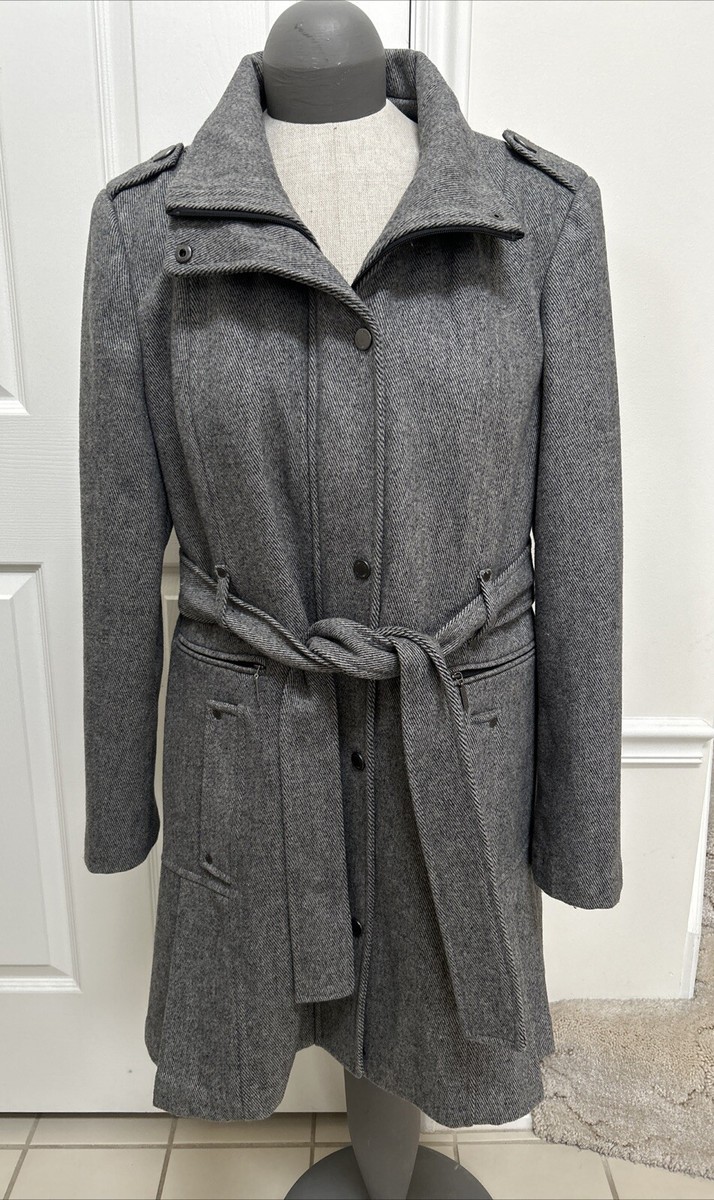 Calvin Kline Grey Twill Trench Coat Pleated Hem Lined Belted EUC