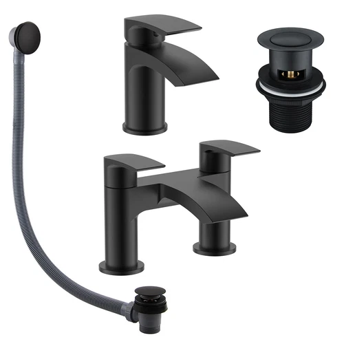 Nes Home Matte Black Round Basin Tap & Bath Filler with Sink & Sprung Waste Set
