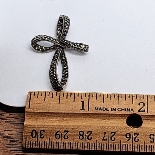 Vintage 925 Sterling Silver Marcasite Freestyle Cross Necklace Pendant Religious - Picture 5 of 8