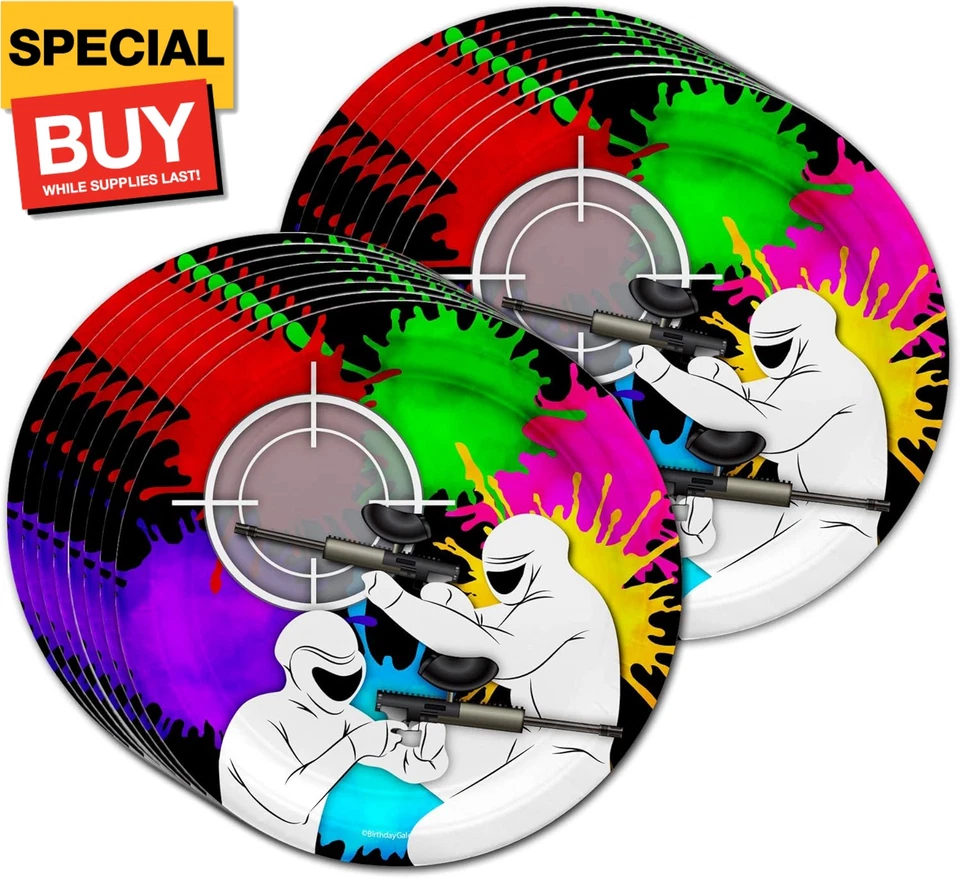 Juego de suministros de fiesta de cumpleaños de paintball platos servilletas tazas vajilla kit para 16 Foto 2 de 4