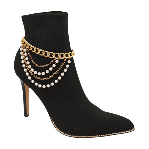 Women Gold Metal Boot Chain Bracelet Shoe Anklet Wave Pearl Beads Wrap Around - Picture 15 of 24