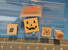 LOT 4 NEW WOODEN RUBBER STAMPS HALLOWEEN PUMPKIN FACE SIGN VIOLET SEASHELL