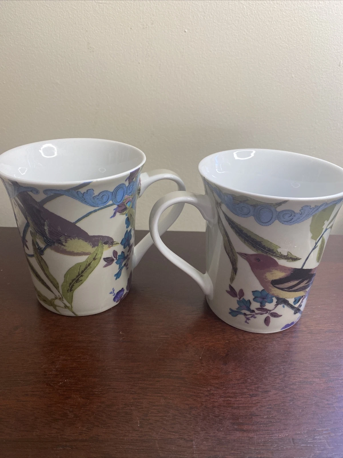 Pair of Mugs Adorned with Original Patina Vie artwork - Birds and Flowers